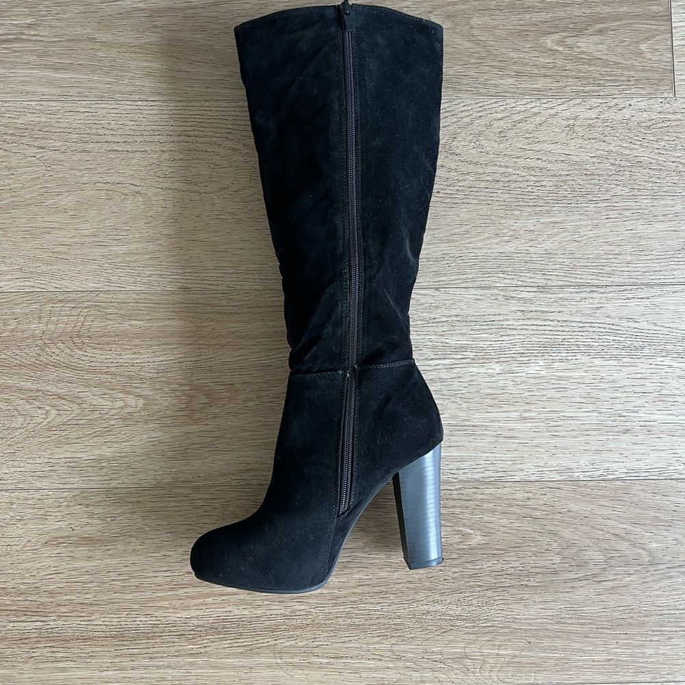 New Women Black Boots Platform Thigh High Chunk Heel Tall Faux Suede Boots - Picture 3 of 4